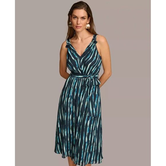 Donna Karan New York Women's Printed Belted A-Line Dress Teal Navy Midi Dress 12 - Picture 4 of 11